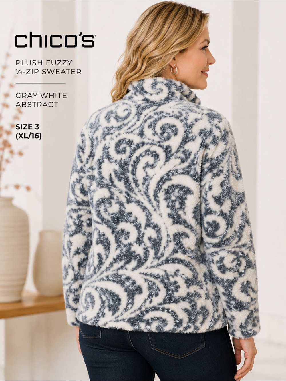 Chico’s Plush Fuzzy ¼-Zip Sweater Sweatshirt Gray White Abstract Size 3 (XL/16) - Picture 2 of 13